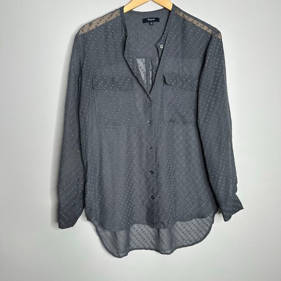 Madewell Women's Gray Sheer High Low Button Front Dot Textured Blouse Small - Picture 1 of 7